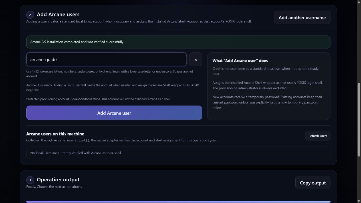 Controlled Linux simulation of Add Arcane users with a validated example username and the Add Arcane user button.