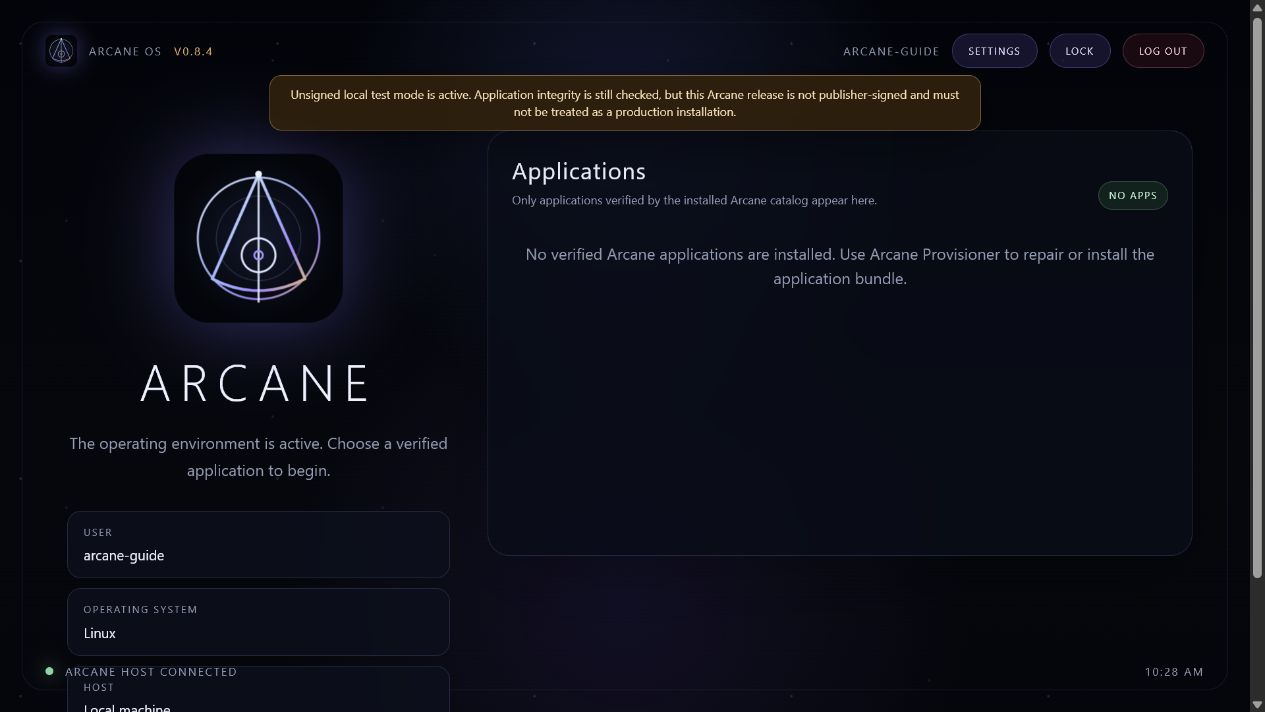 Controlled Linux simulation of Arcane Shell after launch, showing the release and current operating-system user without credentials.