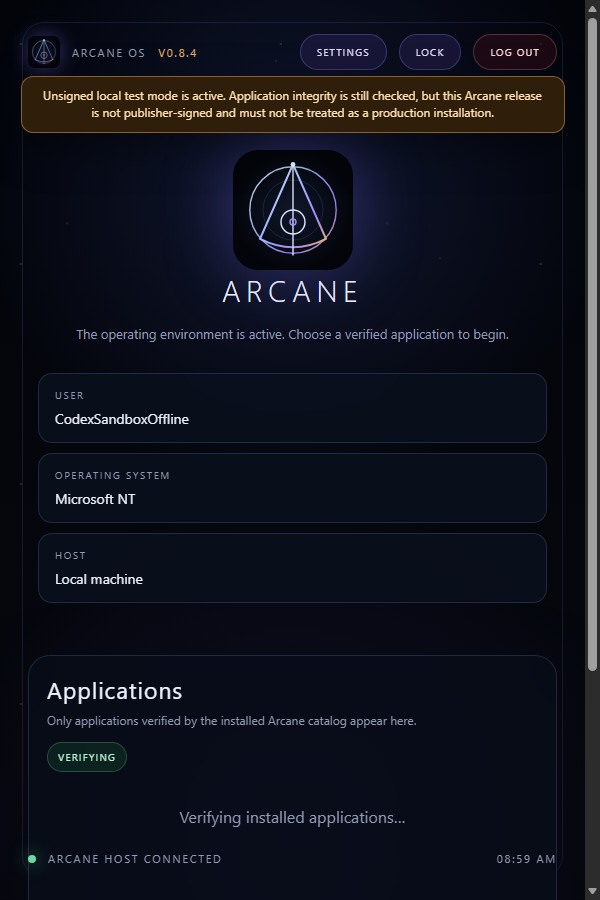 Controlled Microsoft NT simulation of Arcane Shell after launch, showing the release, signed-in operating-system user, and Settings entry point.