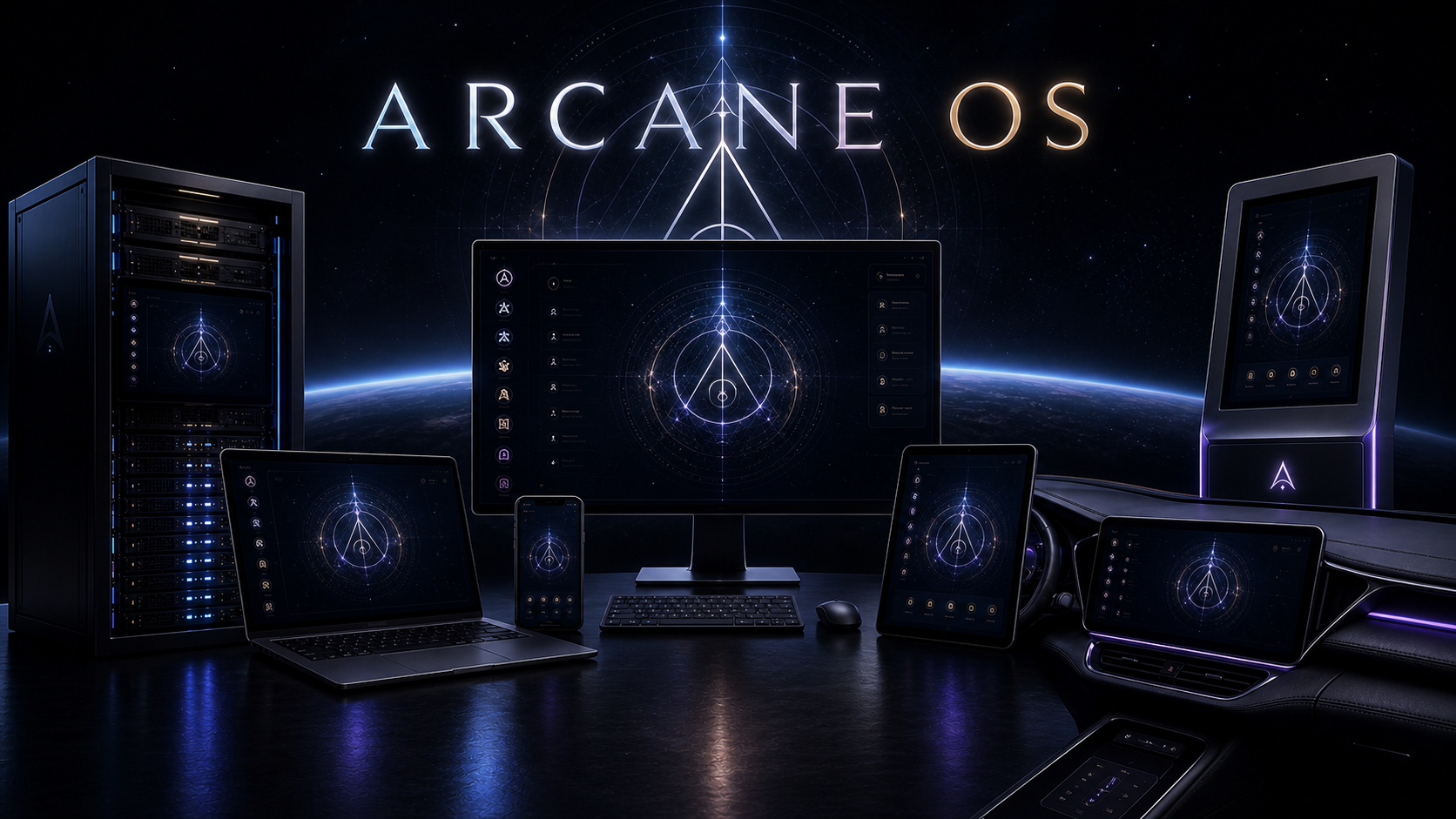 Arcane OS running across desktop, mobile, server, and vehicle displays