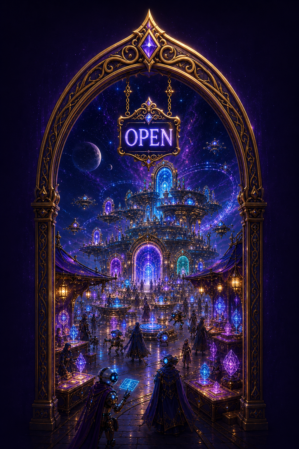 A glowing OPEN sign hangs inside a golden arch overlooking the cosmic bazaar.