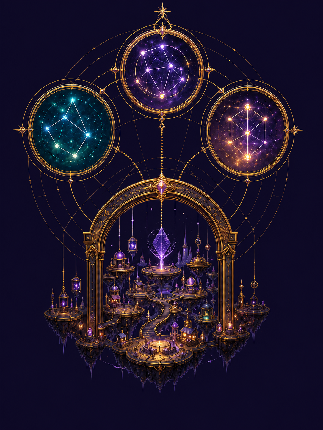 A single glowing bazaar beneath three constellation skies.