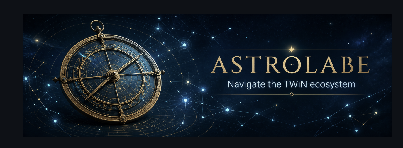 A brass astrolabe and a field of connected stars beneath the words Astrolabe: Navigate the TWiN ecosystem.