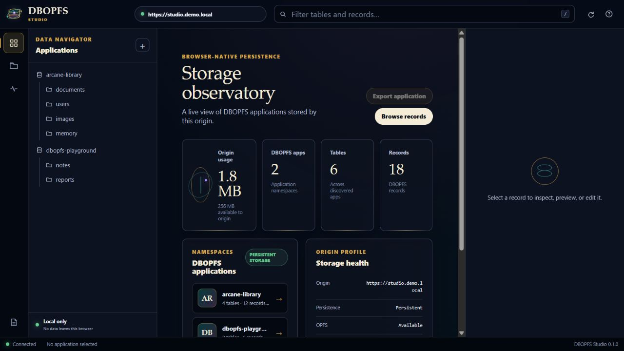 DBOPFS Studio connected dashboard showing the studio.demo.local origin, application namespaces, table and record counts, storage usage, and storage health