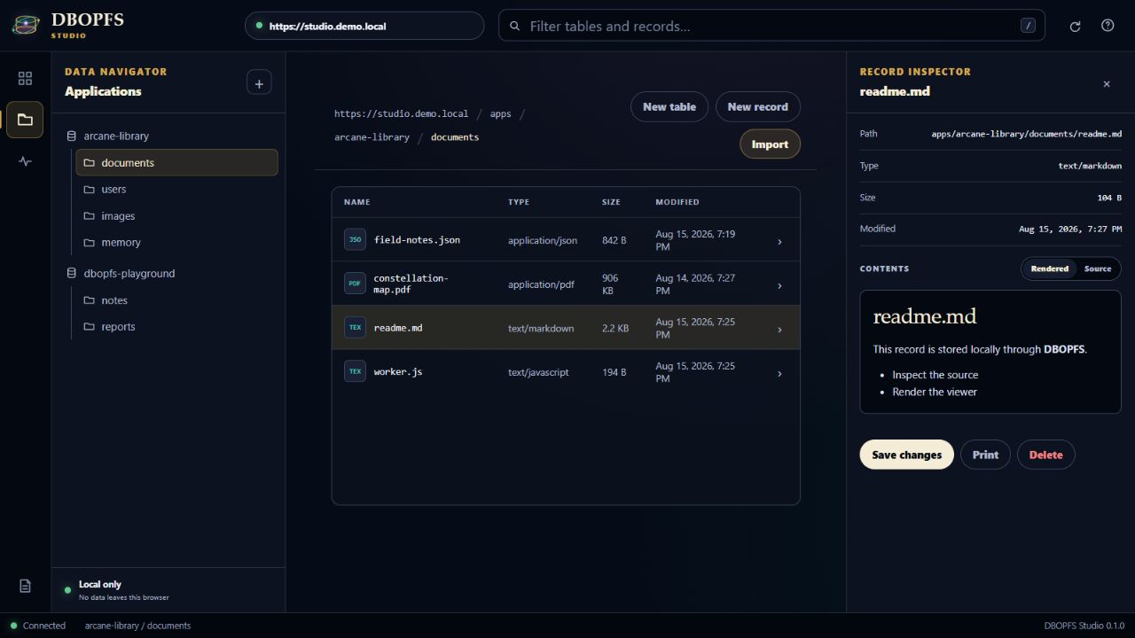 DBOPFS Studio explorer showing application tables, document records, and a rendered Markdown record in the inspector