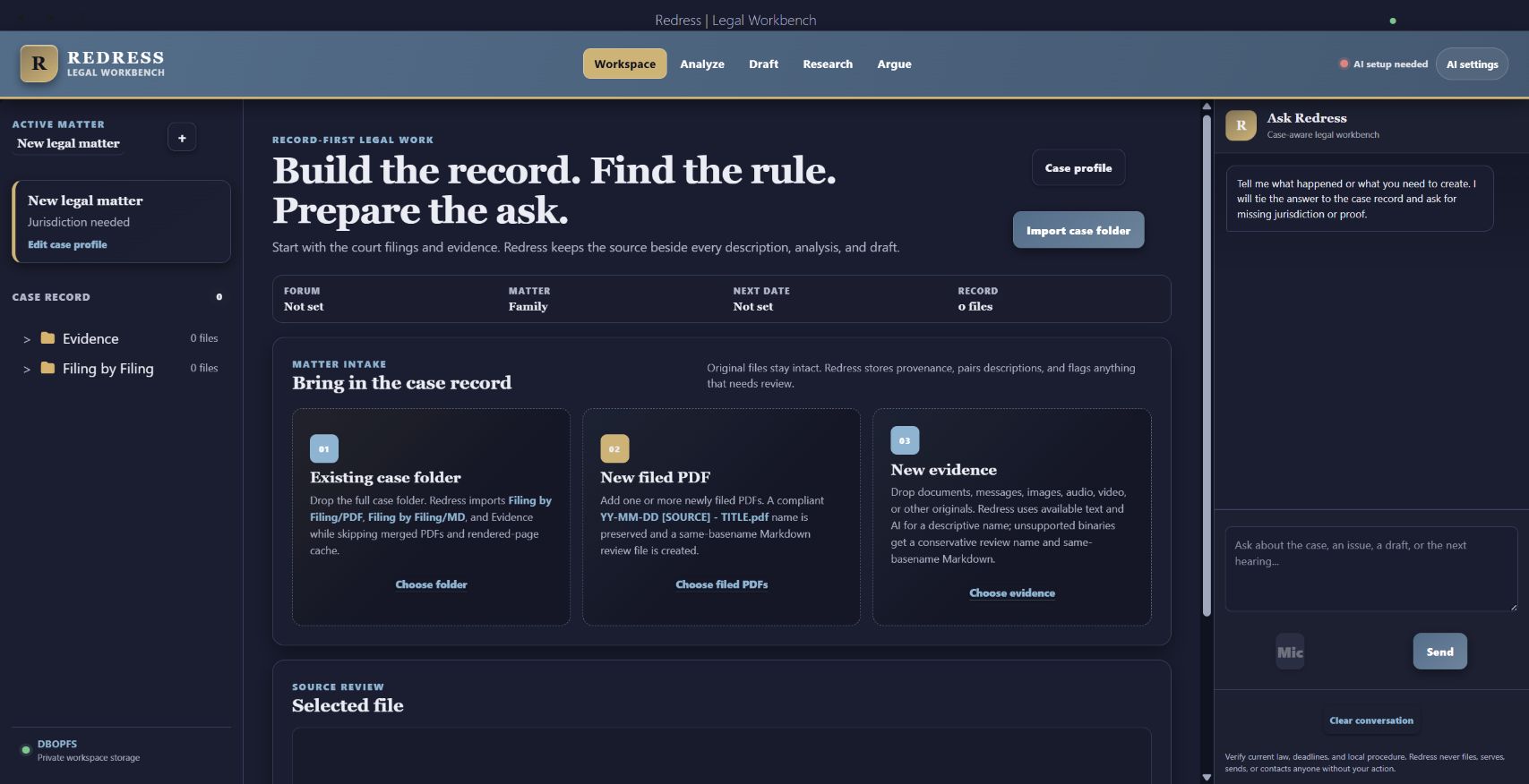 Redress legal workspace showing the case record, import paths, and case-aware assistant