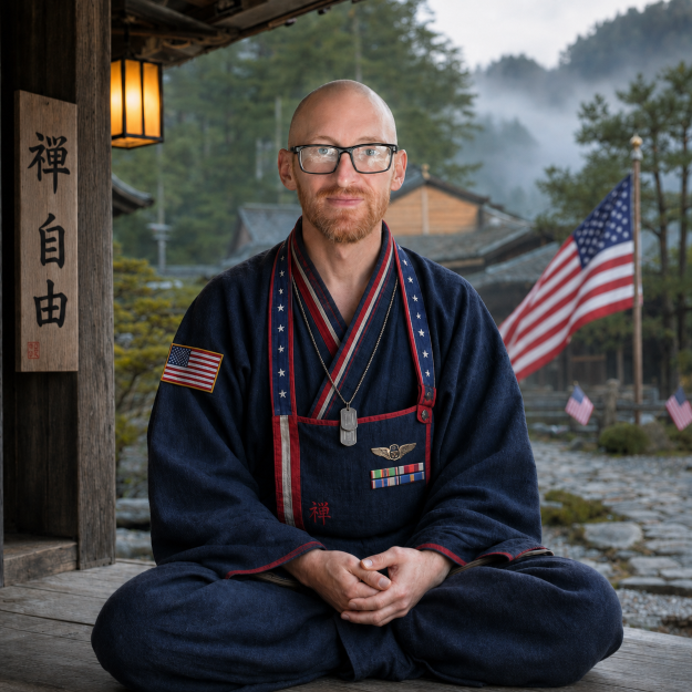 Roshi seated in a mountain temple setting