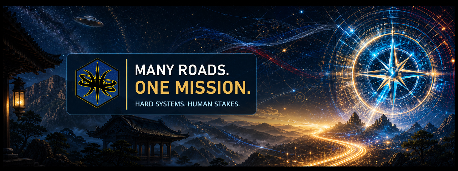 The Wizard Nexus logo beside Many roads. One mission. Hard systems. Human stakes, set across a cosmic mountain landscape and luminous compass.